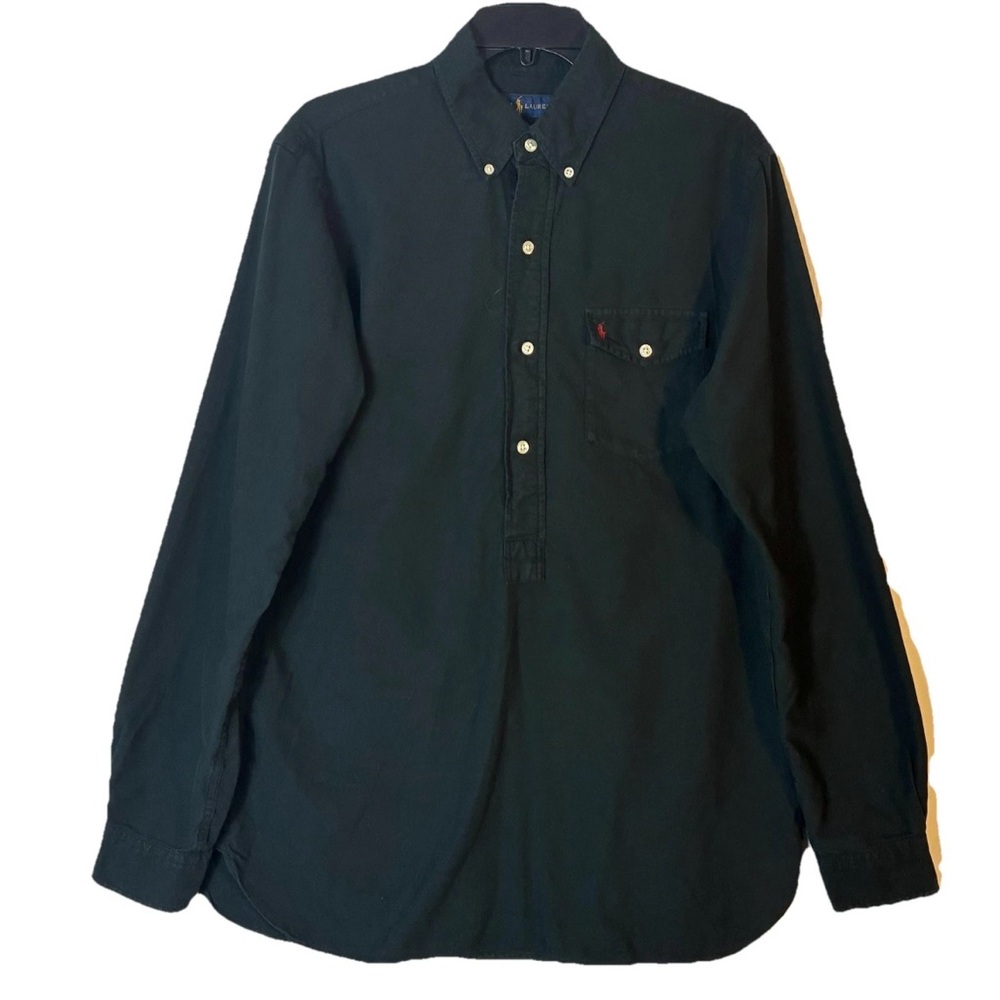Ralph Lauren Black Henley Cotton Shirt M Long Sleeve Red Pony Embroidery